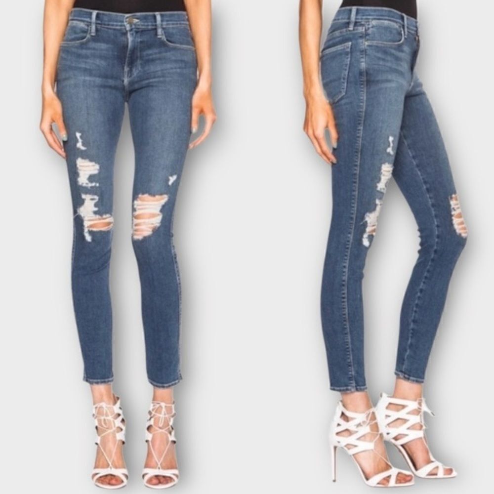 FRAME le high Skinny Distressed Jeans In Blue Women’s Size‎ 27